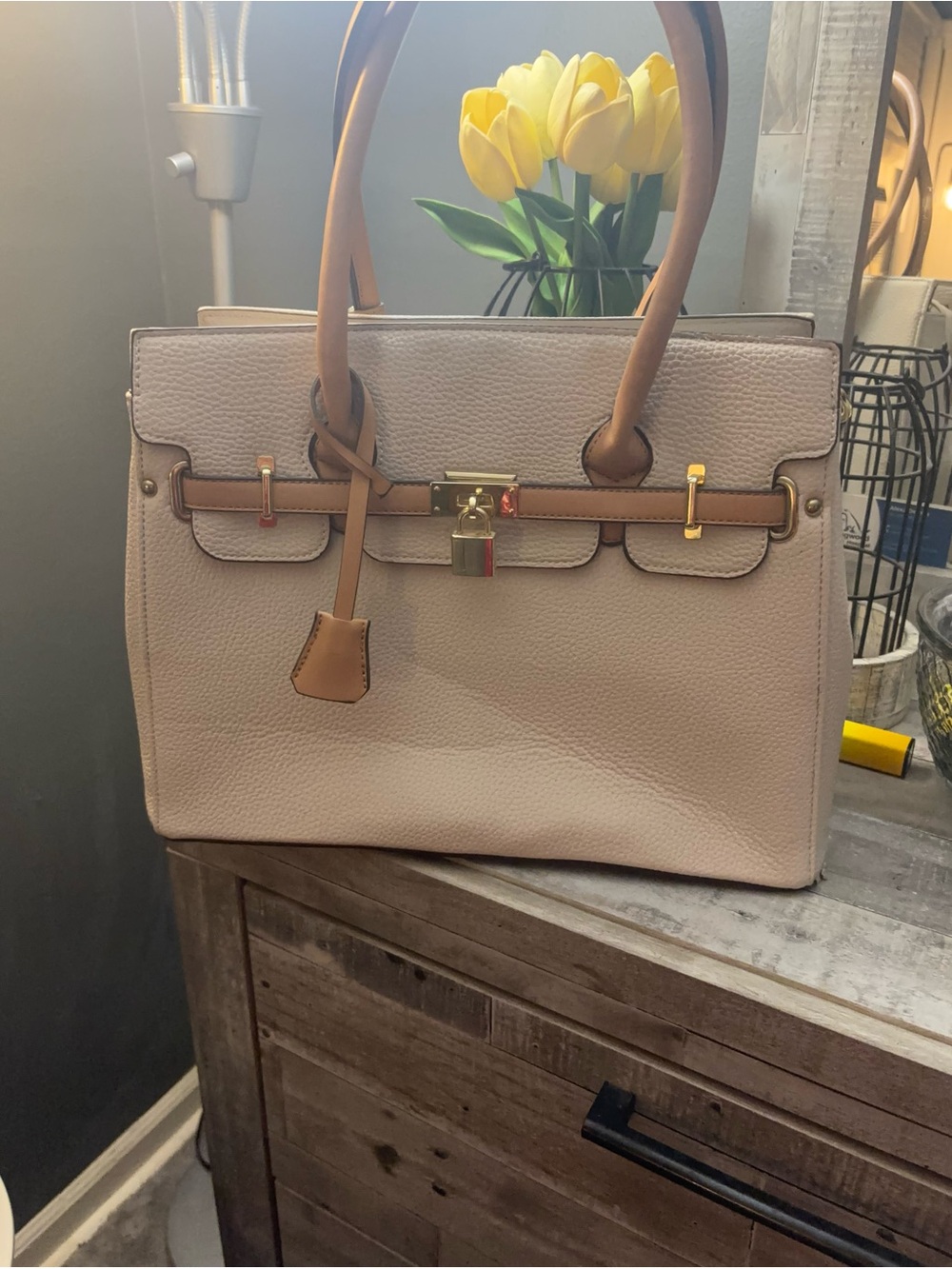 Adrienne Vittadini Cream Satchel with Tan Handles